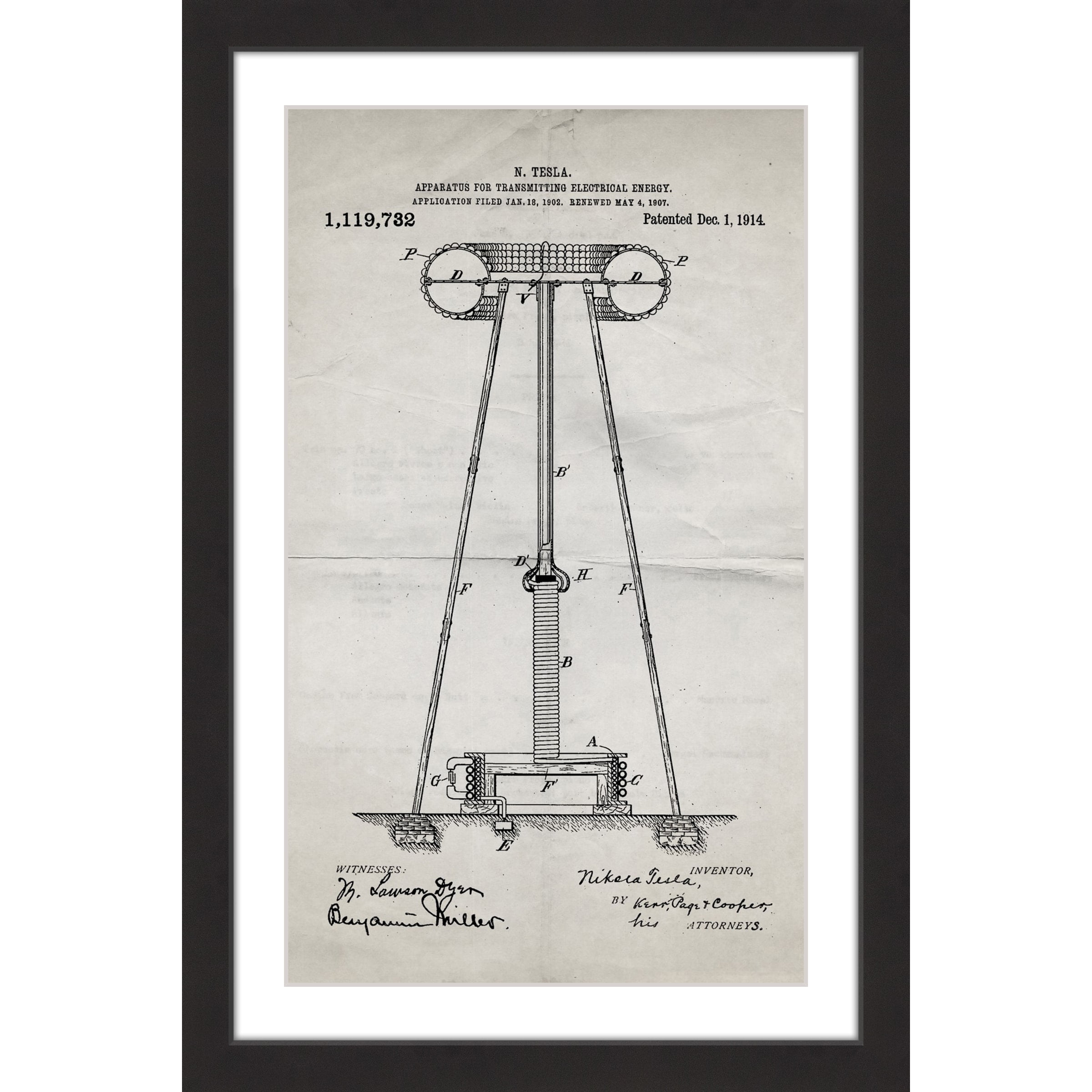 Marmont Hill - "Tesla Coil 1914 Old Paper" by Steve King Framed Painting Print