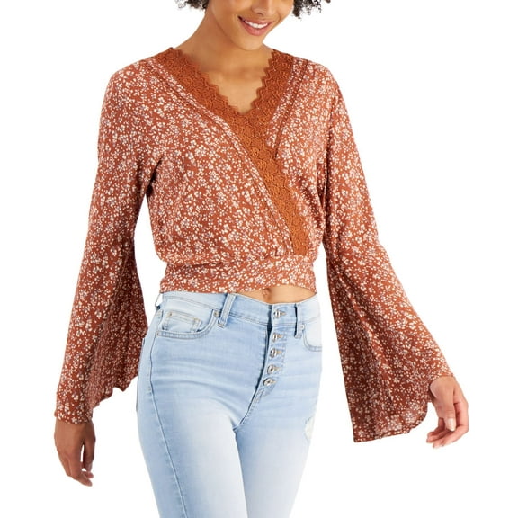 Just Polly Juniors Lace-Trim Bell-Sleeve Top,Brown Floral,Medium