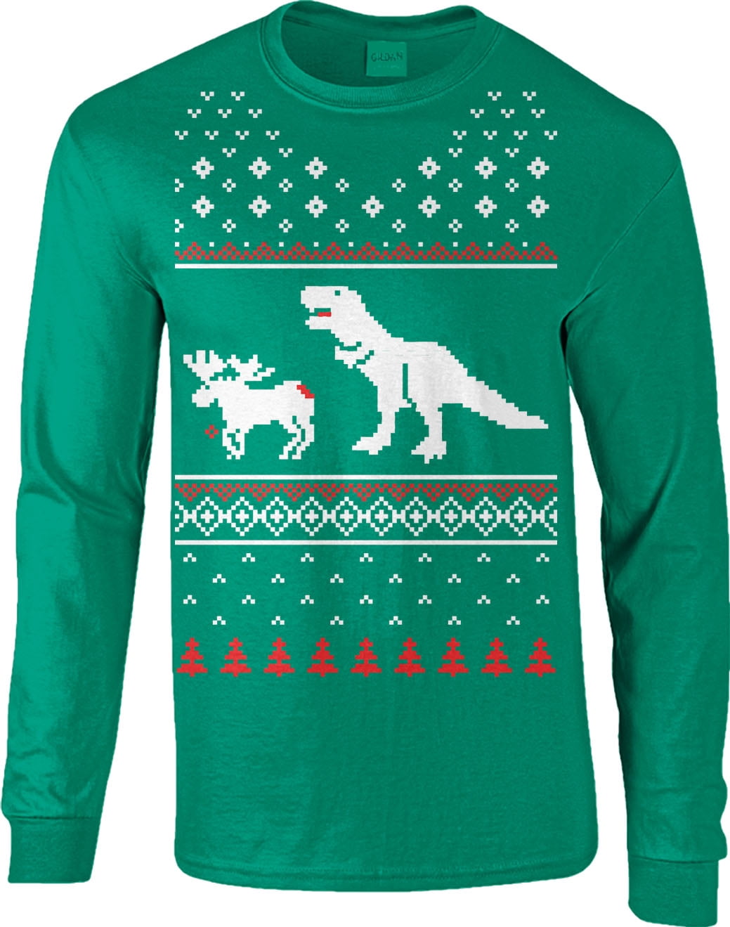 T-Rex Attack Moose Long Sleeve Ugly Christmas Sweater Funny Shir Green