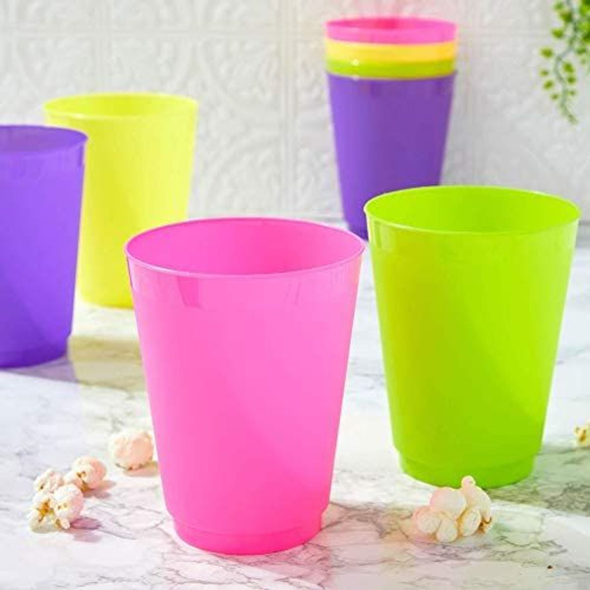 24 Pack 16 Ounce Colorful Reusable Plastic Party Cups Neon Birthday Supplies 