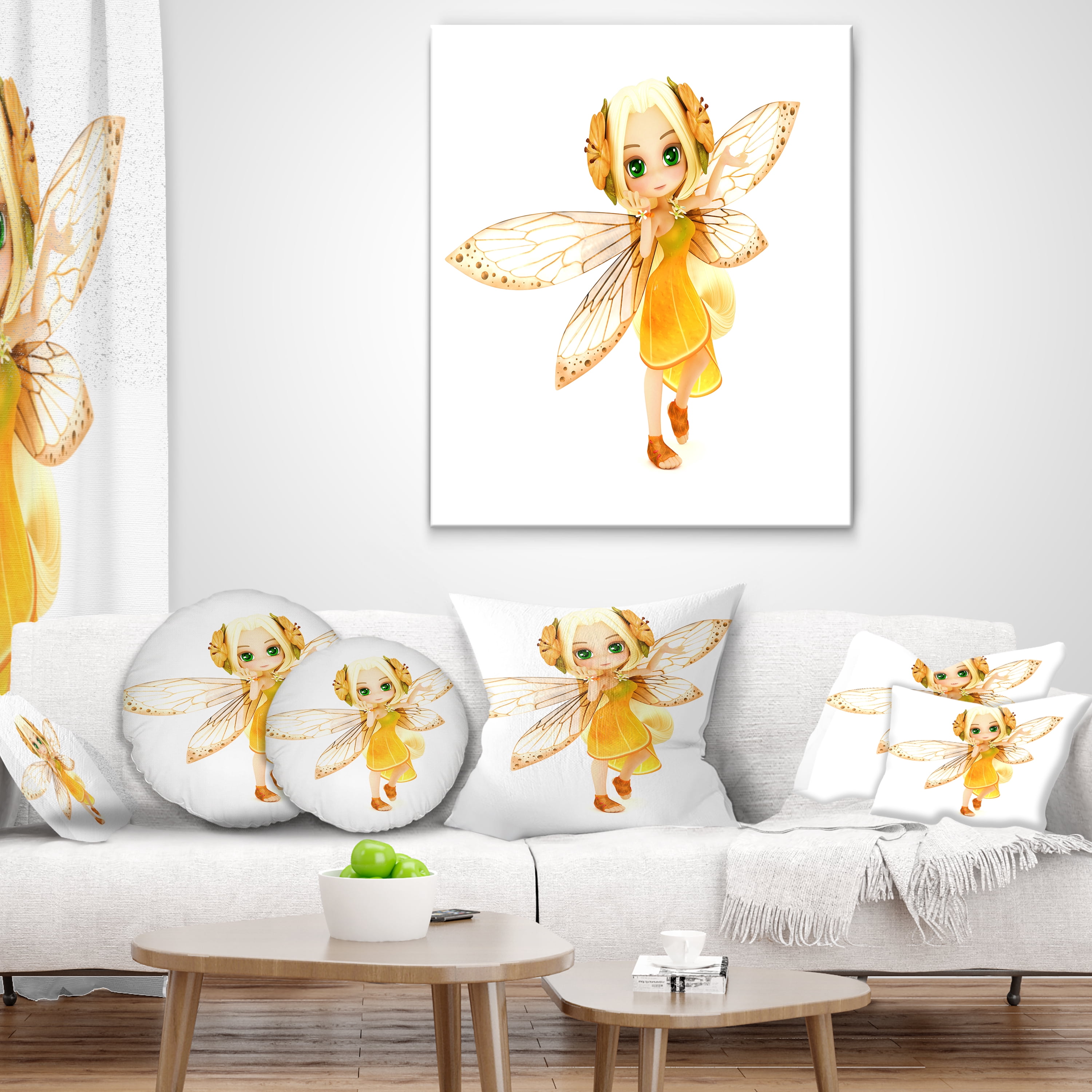Designart Fairy Woman with Yellow Wings - Floral Painting Throw Pillow - 12x20