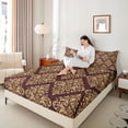 thumbnail image 3 of jejeloiu Western Damask Queen Sheets,Vintage Victorian Floral Queen Sheet Sets For Adults,Burgundy Gold,4-Piece,1 Flat Sheet, 1 Fitted Sheet and 2 Pillowcases, 3 of 6