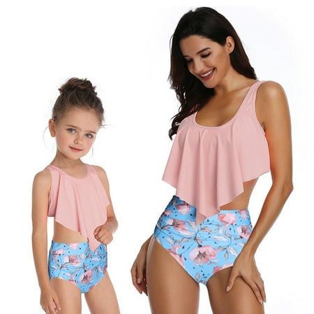 LYMAYTER Mother and Daughter Swimsuits Mommy and Me Family Matching Swimwear Ruffle Bikini Set Women High Waist Bathing Suit