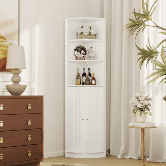 DRNANLIT 67" Tall Corner Cabinet with 2 Doors & Adjustable Shelves, Narrow Freestanding Storage for Bathroom Kitchen - White