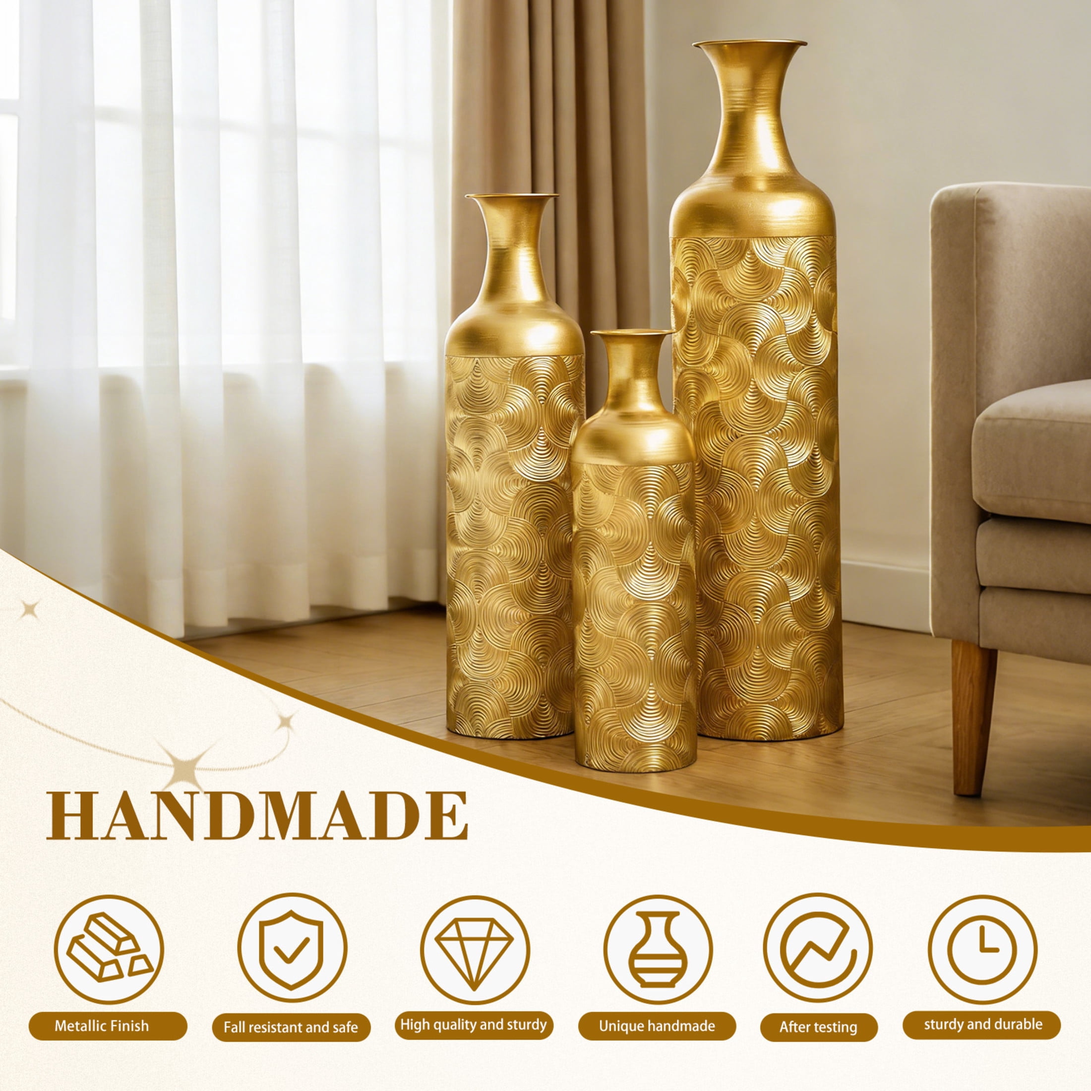 Noble House 3-Piece Metal Floor Vase Set, 32.68", 25.98", 19.69" Decorative Vases with Wave Pattern, Gold