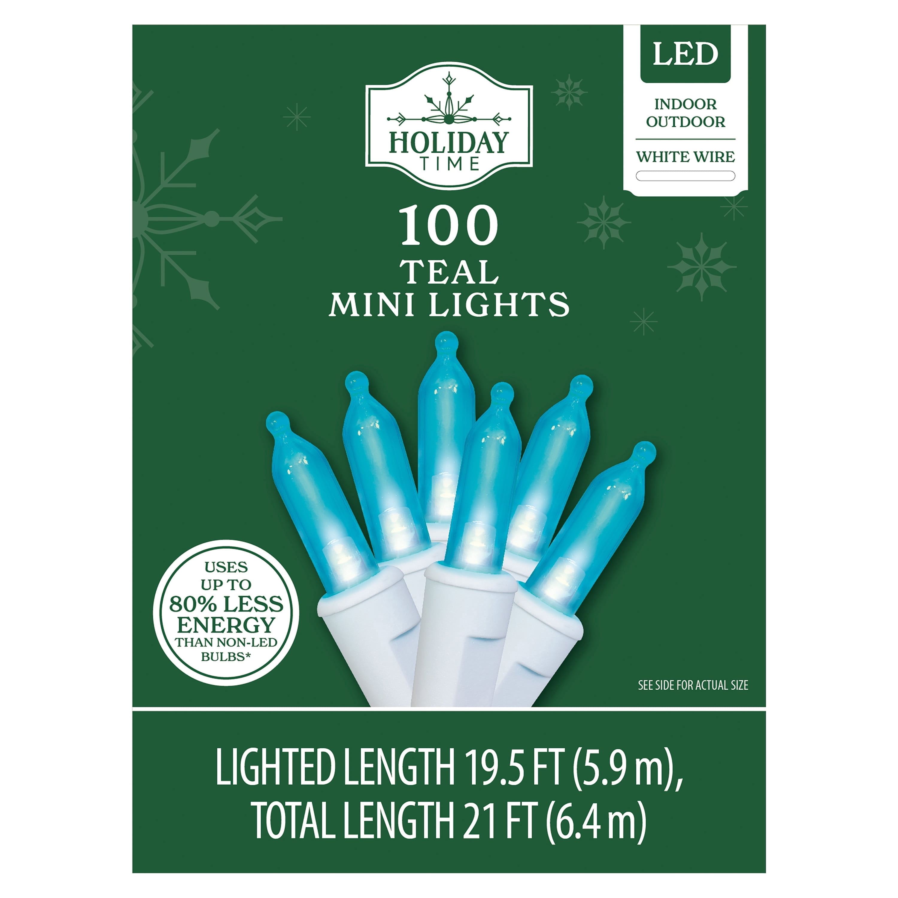 Indoor/Outdoor 100-Count LED Mini Christmas String Lights, Teal, White Wire, 19.5', by Holiday Time