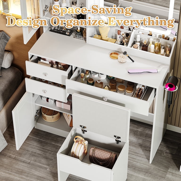 ladies dressing table designs Sesslife Vanity Set with Mirror, White Makeup Desk with Charging Station and LED Strip, Makeup Set for Women, Gifts Lifecycle:Exceptional