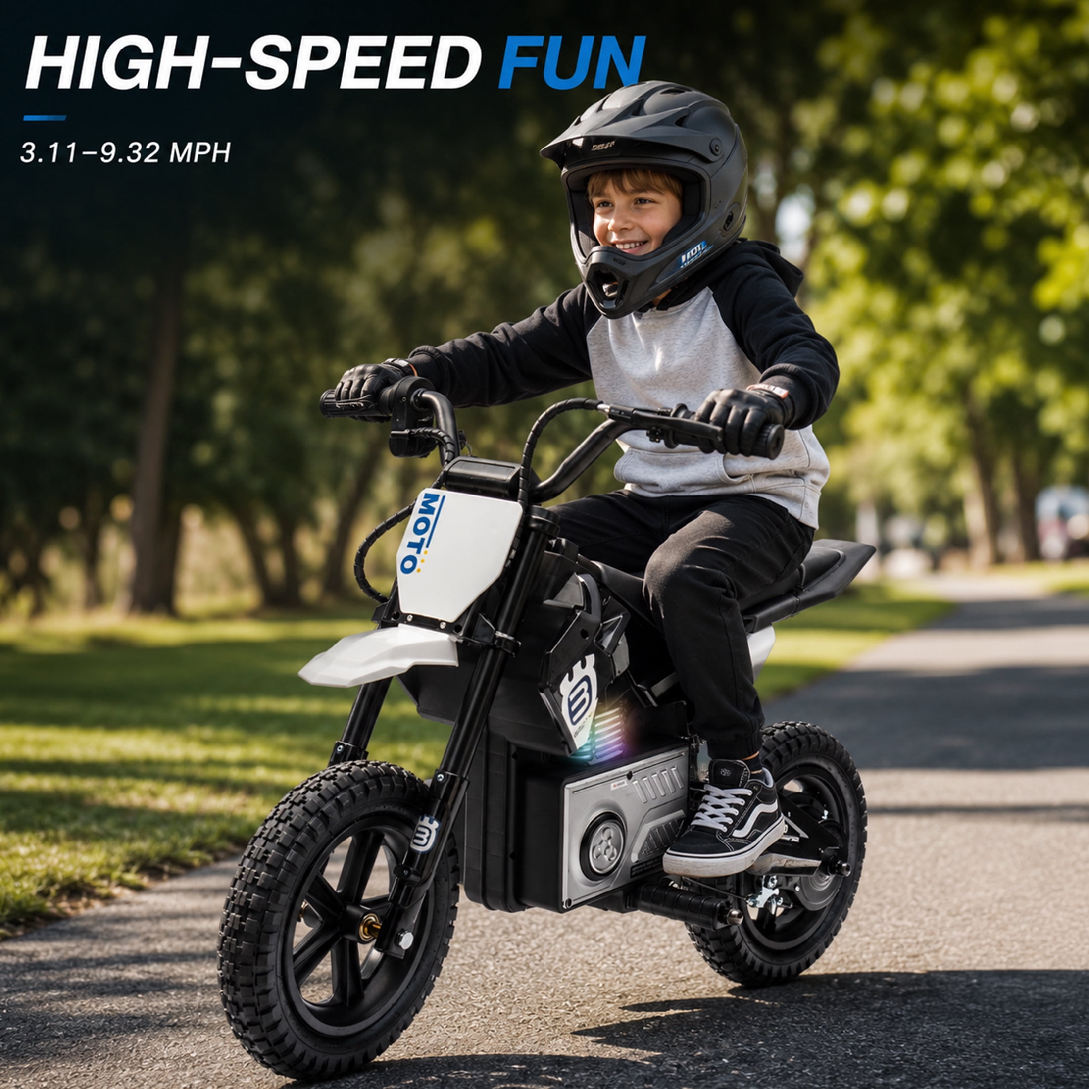 24V Kids Electric Motocross Motorcycle with Bluetooth Music - 200W Power, Rear Shock Absorber, LED Breathing Lights, Adjustable Speed up to 9.32 MPH - Powered Ride On Toy for Boys Girls Ages 5-15
