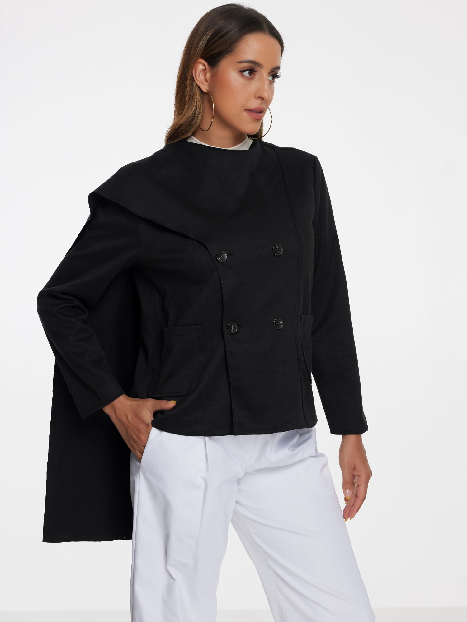 DARING DIVA Women's Double Breasted Outwear Fashion Overcoat with Scarf Black L