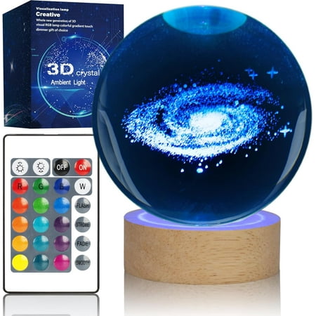 

3.15 Inch Galactic System Crystal Ball Lamp 3D Galaxy Crystal Ball Night Light With Woodern Base 16 Colors With Remote Control Cool Desk Decor Gifts For Kids Girls Boys Friends