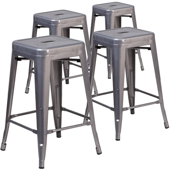 Flash Furniture 4 Pack 24'' High Backless Silver Antique Finish with Clear Coat Metal Indoor Counter Height Stool with Square Seat