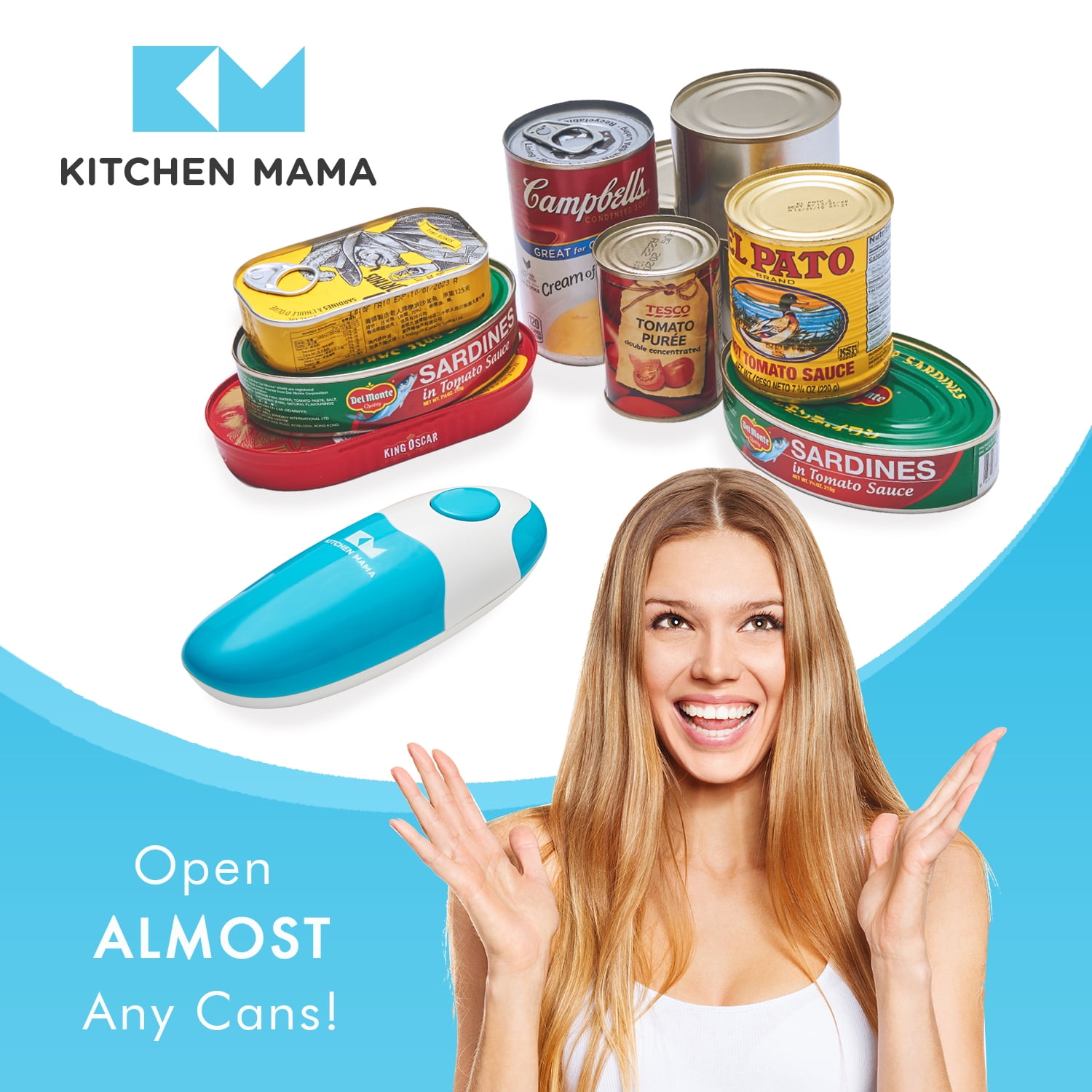 Kitchen Mama Auto Electric Can Opener, Sky Blue, Plastic, Battery Powered with Smooth Edge