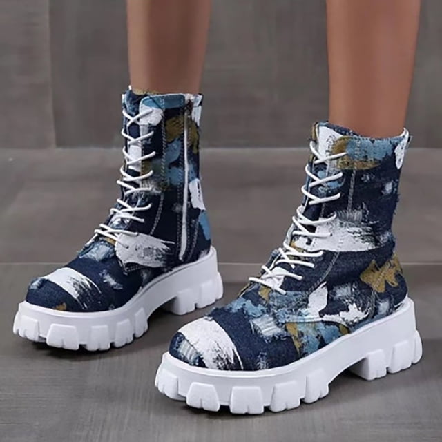 EGNMCR Bottes d'Hiver pour Femmes Femmes Mode Chaussures à Lacets Bottes Western Rétro Bottes Décontractées Chaudes à Talons Bas