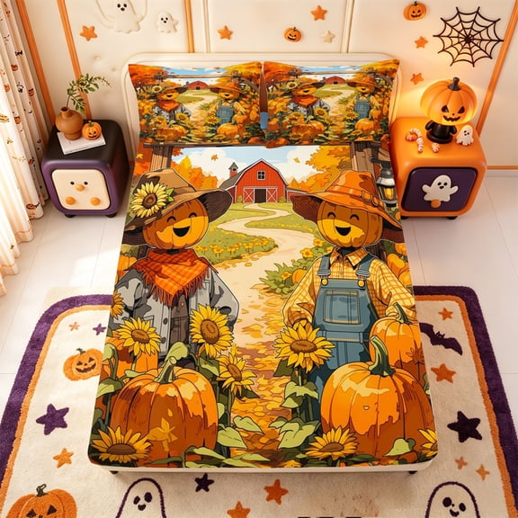 Manfei Classic Halloween Pumpkin Lantern Fitted Sheet Full,Cobweb Print Bed Set,3pcs,1 Fitted Sheet and 2 Pillowcases