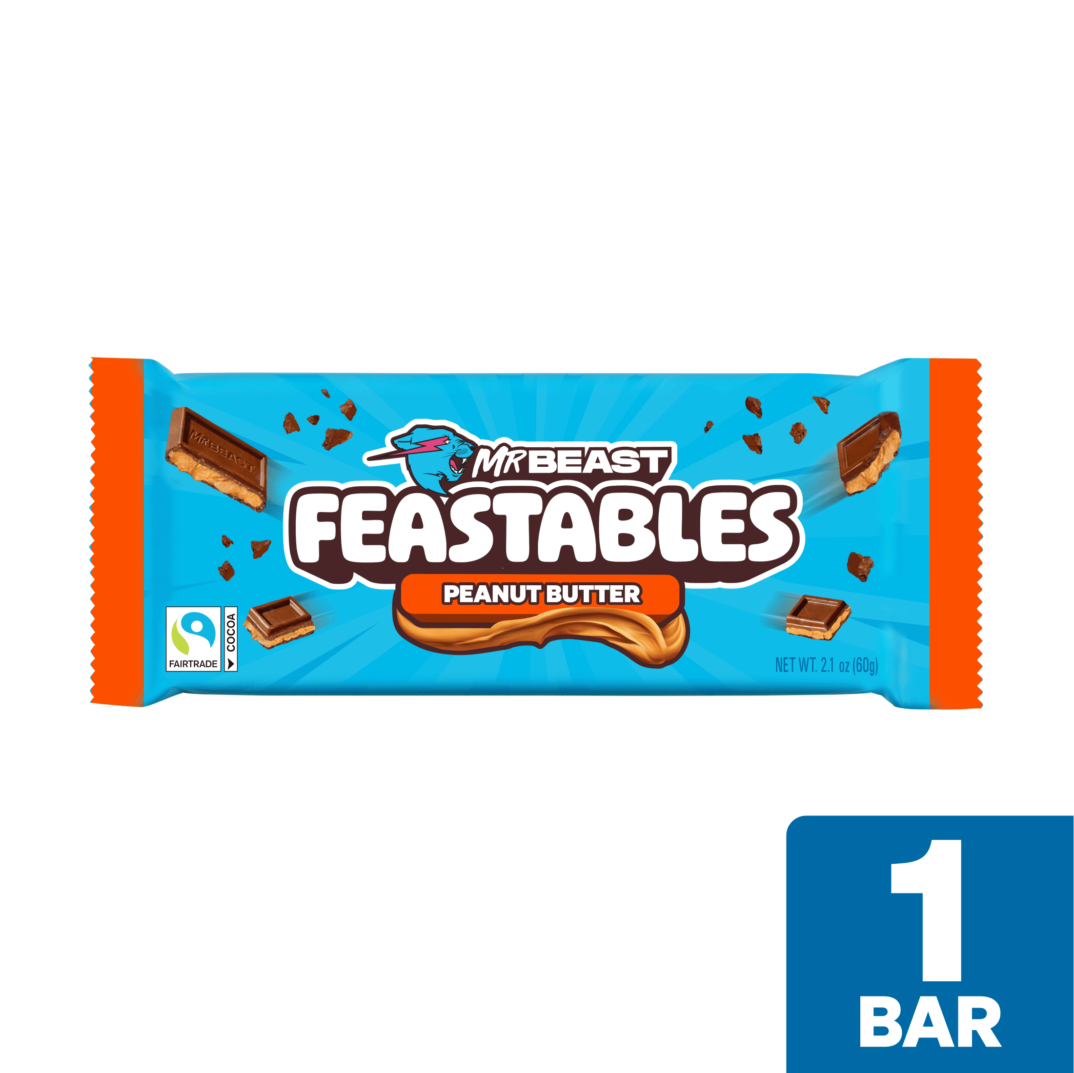 Feastables Peanut Butter Milk Chocolate Bar, 2.1 oz, Smooth