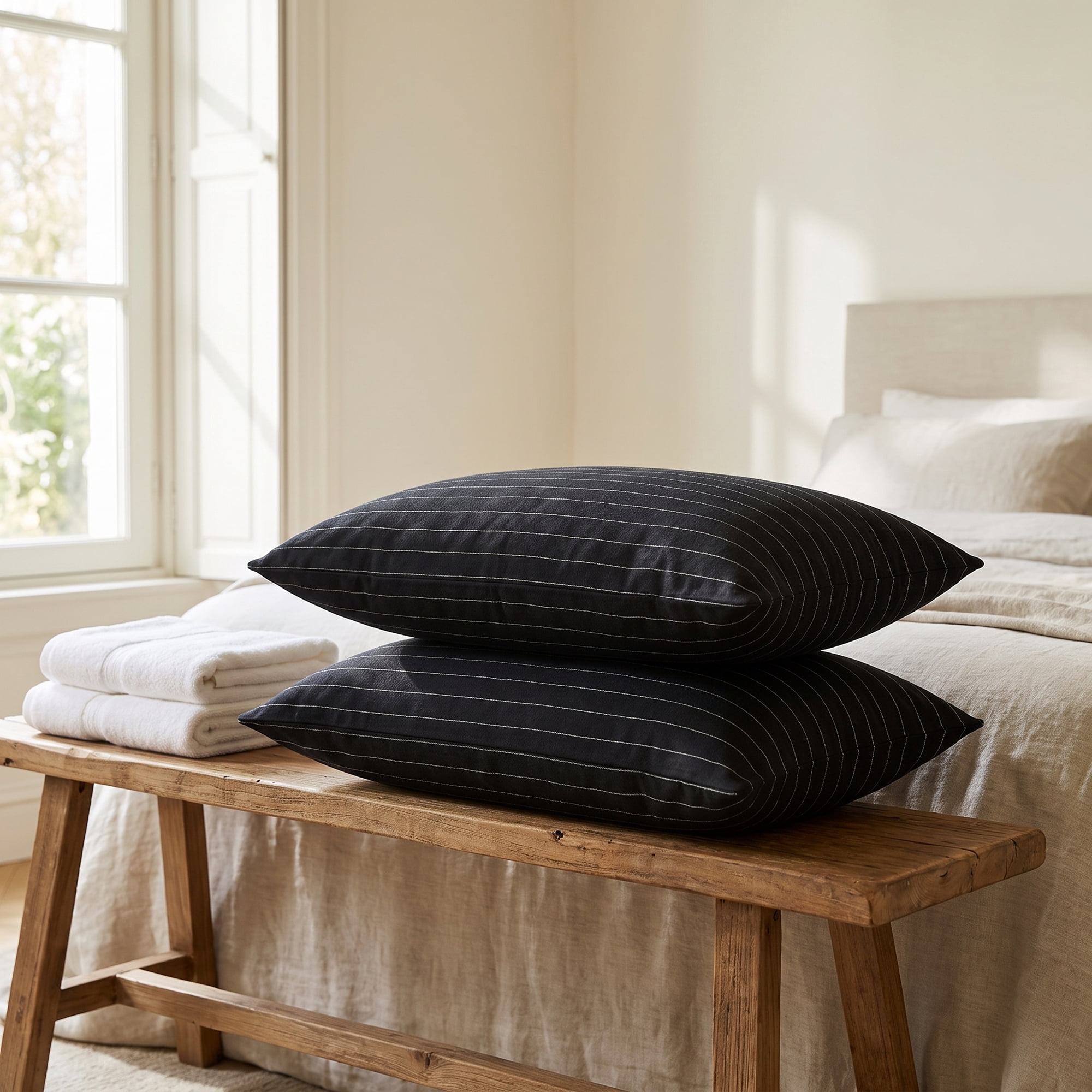 Unique Bargains 2 Pack Fine Stripe Throw Pillow Covers Cotton Blend Cases Black 20"x12"