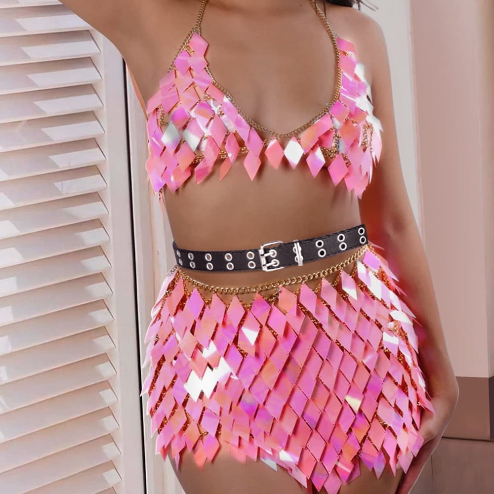 Sequins Tassels Body Chain Outfits Bra Skirt Bikini Rave Festival