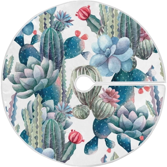 FMSHPON Watercolor Cactus Pattern Xmas Christmas Tree Skirt Stand Mat for Holiday Party Decoration Indoor Outdoor 48 inches