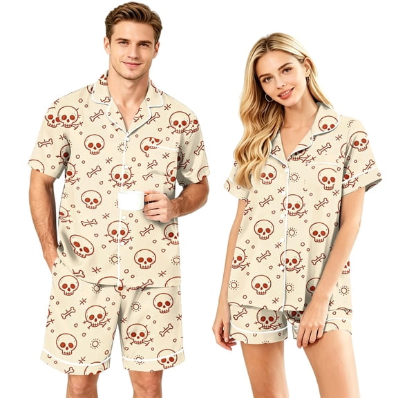 Couples Matching Pajama Sets 2 Piece Short Sleeve Button Down Pjs Soft Lightweight Breathable Sleepwear for Men Women Halloween Skull Print with Lapel Collar Beige L