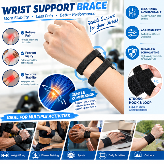 Wrist Stabilizer Brace, Adjustable Wrist Compression Support, Breathable Wrist Wrap for Fitness, Sports Training, Gym Workouts and Everyday Activities