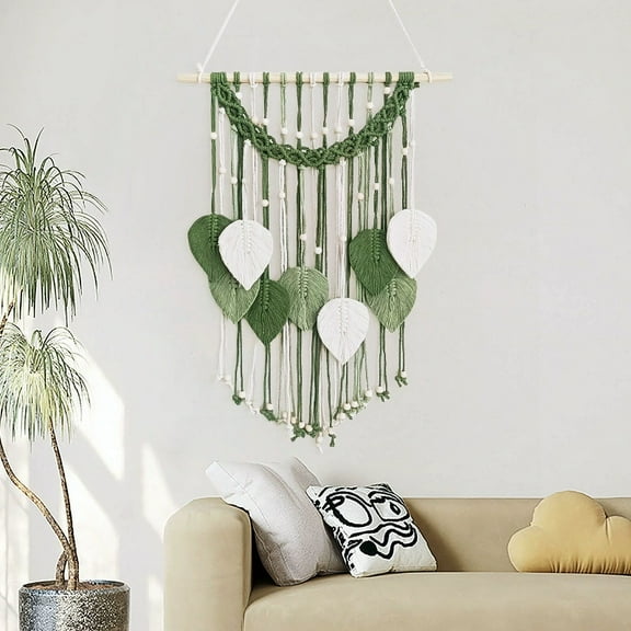 1pc Macrame Leaf Wall Hanging Tapestry, Macrame Large Art Boho Decoration, Room Decor, Home Gift, Boho Jungle Macrame Green Tape (Green)