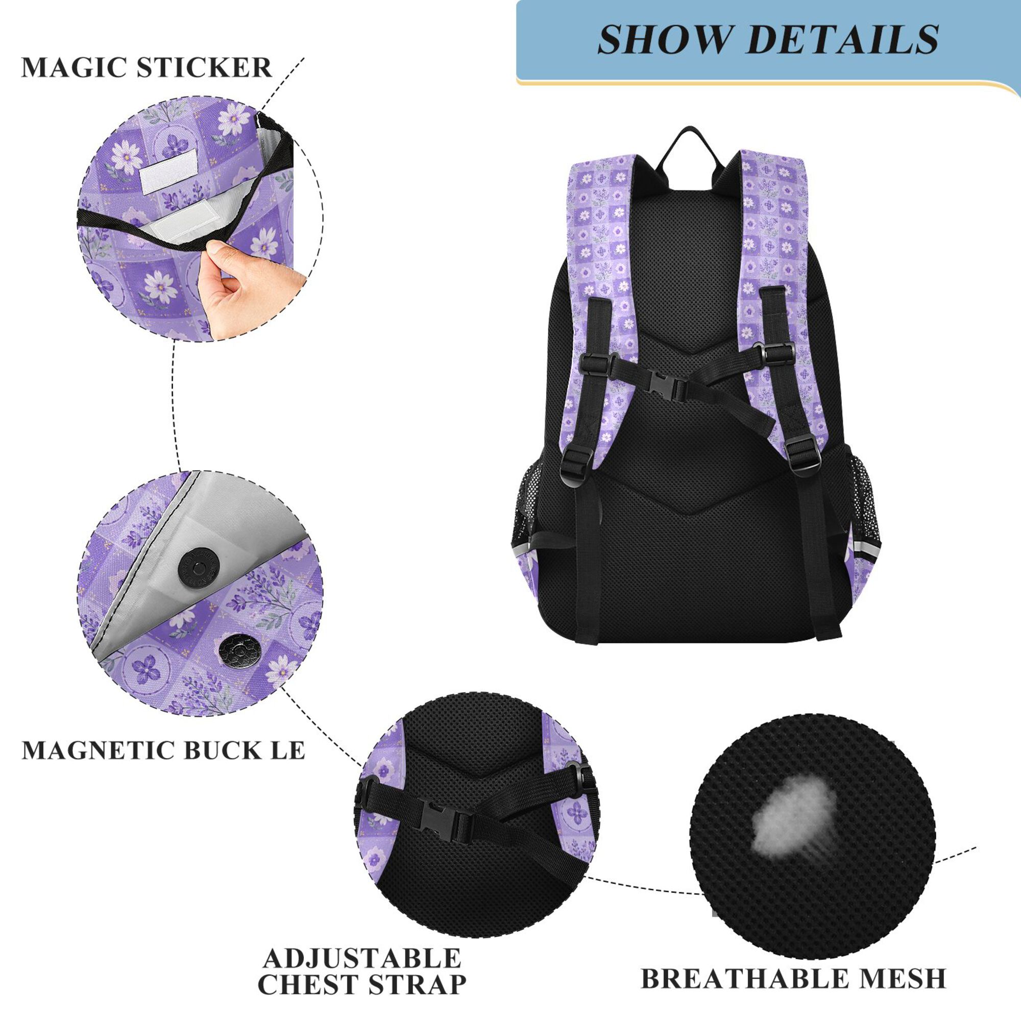 Mochila escolar para niños, unisex de 17 pulgadas, casual, con bolsillos y compartimentos, patrón de cuadros lavanda 4