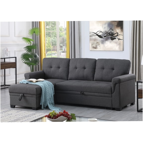 Reversible Sleeper Sectional Sofa with Chaise, Dark Gray Linen Fabric and Storage