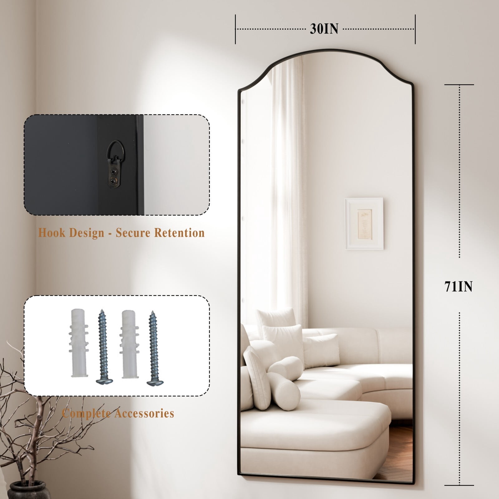 Easy4Home 71"x30" Oversize Arched Full Length Mirror Freestanding Floor Mirror with Stand, Black