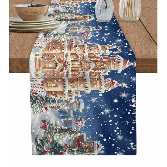 Ldtrchee Navy Blue Christmas Table Runner 60 Inches, Candy Castle Xmas Snowflake Bed Runner Dresser Scarves Tabletop for Indoor Outdoor Parties/Ceremony/Banquet, 13" x 60"