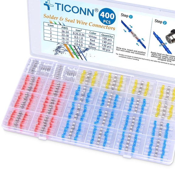 TICONN 400pc Solder Seal Wire Connectors, Waterproof Heat Shrink Butt Splices