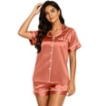 thumbnail image 2 of Sewkxo Womens Silk Satin Pajama Sets Soft Short Sleeve Button Down Sleepwear Top and Shorts 2 Piece Pjs Lounge Set,Pink 4XL, 2 of 4