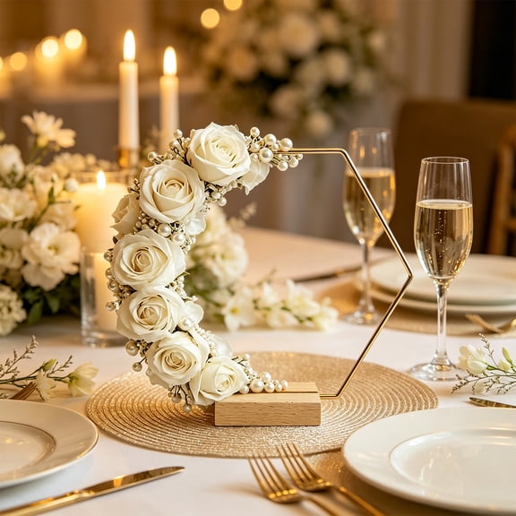 Hexagonal Metal Geometric Stand Tabletop Centerpiece Gold Floral Display Frame With Wooden Base For Wedding Decor