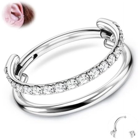 Bavsenic G23 Titanium Cartilage Earring Hoop Stacked Clicker 16G CZ Double/Triple Septum Rings