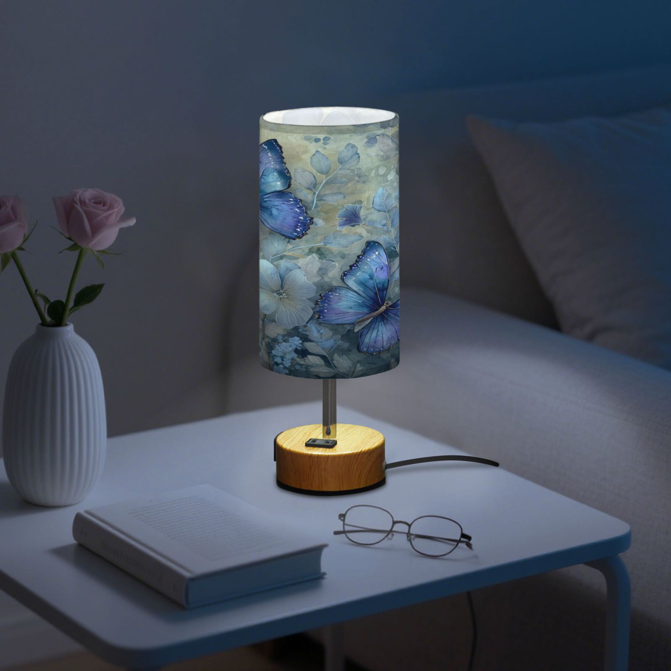 Wobogo Butterfly Floral Bedside Lamp Touch Control Table Lamp with USB A+C Charging Ports & AC Outlet 3-Way Dimmable Nightstand Lamp with Linen Fabric Shade for Bedroom Living Room