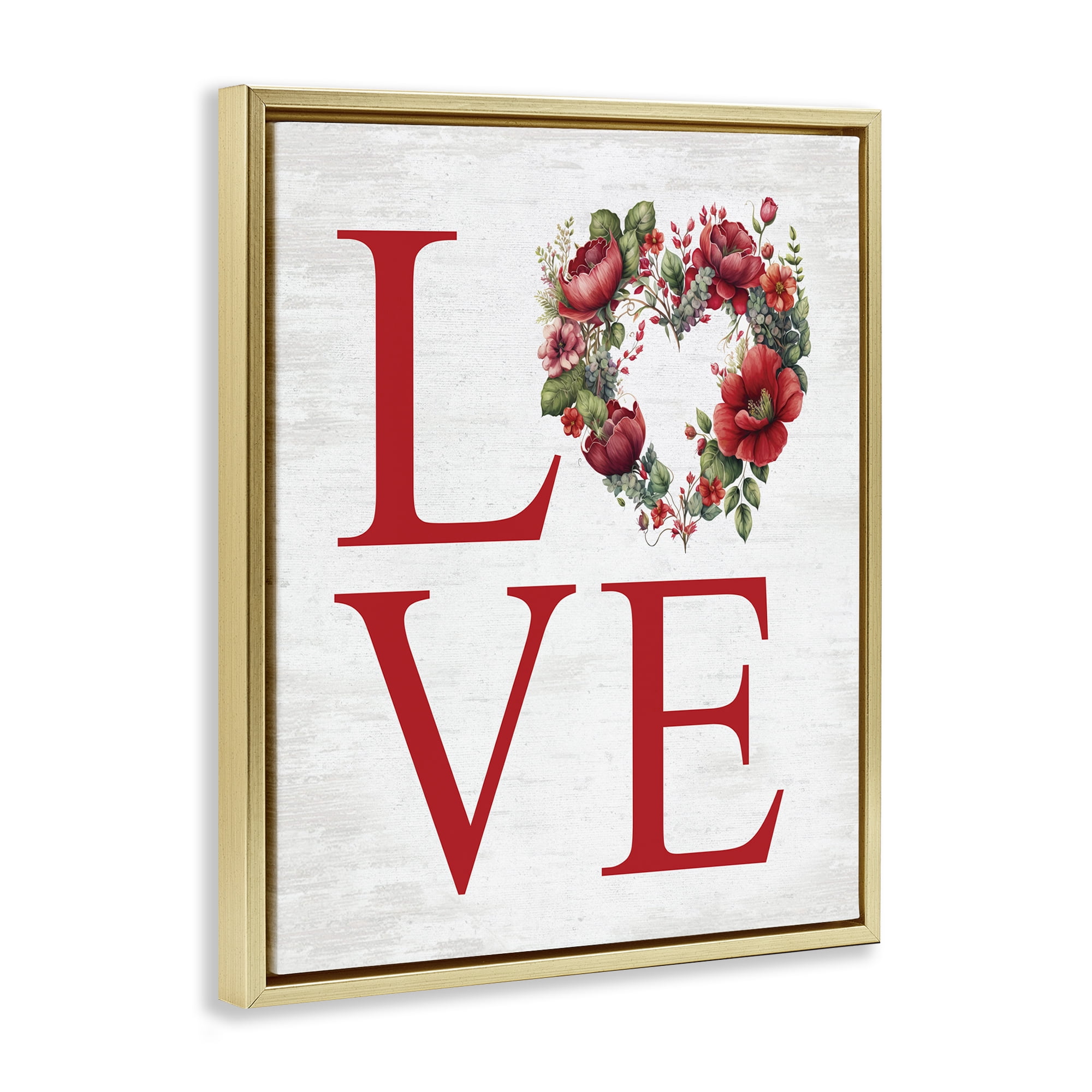 Stupell Industries Love with Heart Wreath Botanical & Floral Painting Gold Floater Framed Canvas Art Print Wall Art, 17 x 21
