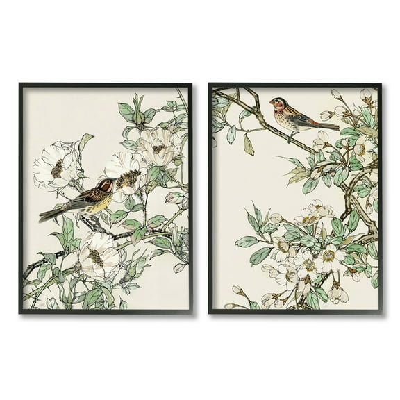 Stupell Industries Classic Sparrow on Blossoms Animals & Insects Painting Black Framed Art Print Wall Art, 11 x 14, Set of 2