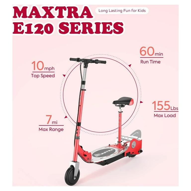 Maxtra Scooters E120 Folding Electric Scooter with Removable Seat for Kids Ages 6 12 Up to 10 mph 155 Lb. Max Load