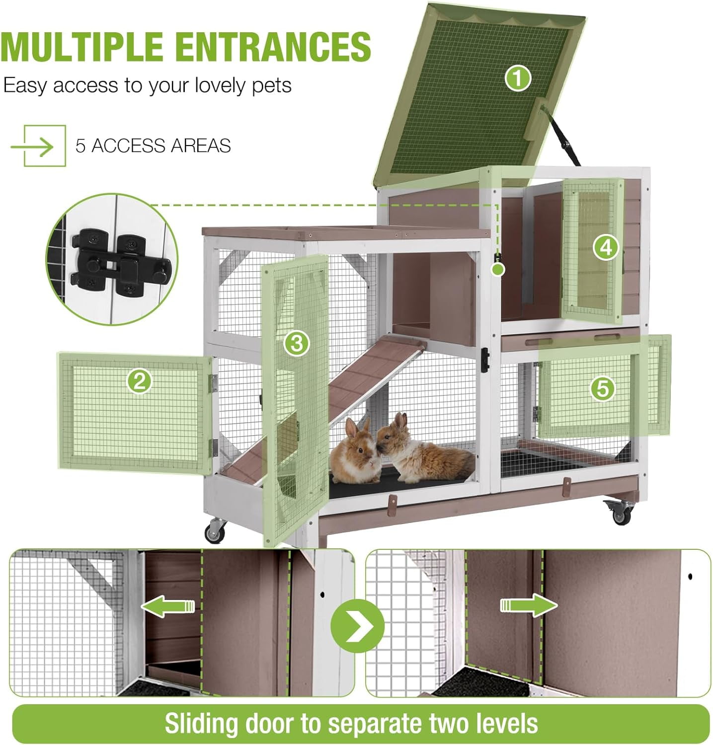 2-Story Rabbit Hutch Bunny Cage with Leak-Proof Trays & Chew-Proof Ramp - Indoor/Outdoor 39.3" Wooden Rabbit Cage with Wheels (Brown)