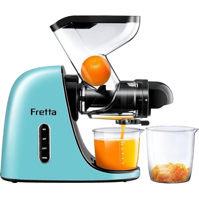 Masticating Juicers, Fretta Cold Pressed Juicer Machine, Large Feed Chute Whole Fruit Juicer Machine, BPA-Free, Celery Juicer, Quiete DC Motor & Reverse Function, 2 Speed, 200W (Light blue)