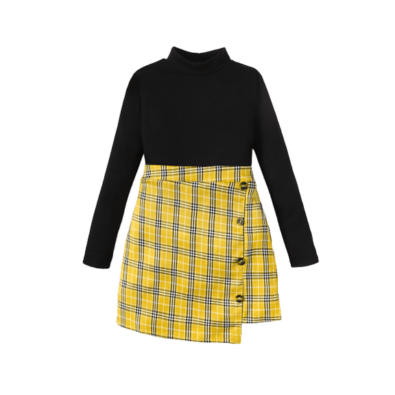 Mikrdoo 10 Years Big Girls Outfits 8Y,9Y,10Y,11-12Y Girls Solid Color Long Sleeve Tops Plaid Print Buttons Asymmetrical Skirts 2Pcs Clothing Sets Black