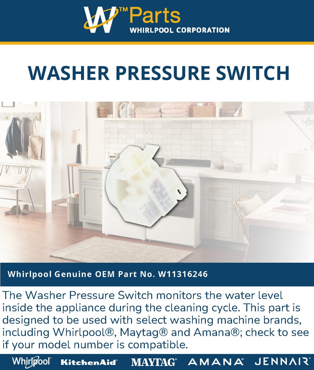 Whirlpool W11316246 Genuine OEM Washer Pressure Switch Replacement Part - Replaces W11125159