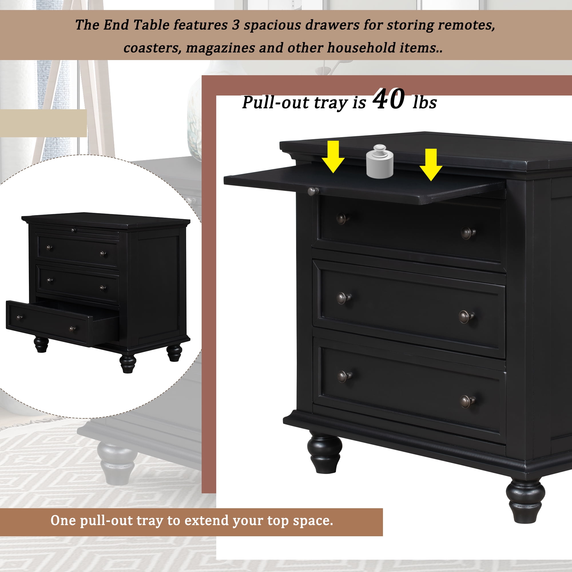 Euroco 28" Nightstand with Pull Out Tray 3 Drawers Rubber Wood Legs, Black