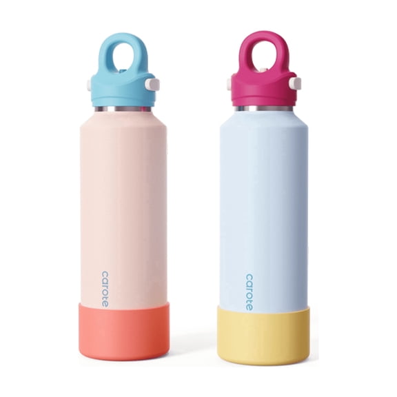 CAROTE 2-Pack 20 oz Insulated Stainless Steel Water Bottles with One-Click Leak-Proof Lids, Carry Loops and Removable Silicone Boots, Dishwasher Safe