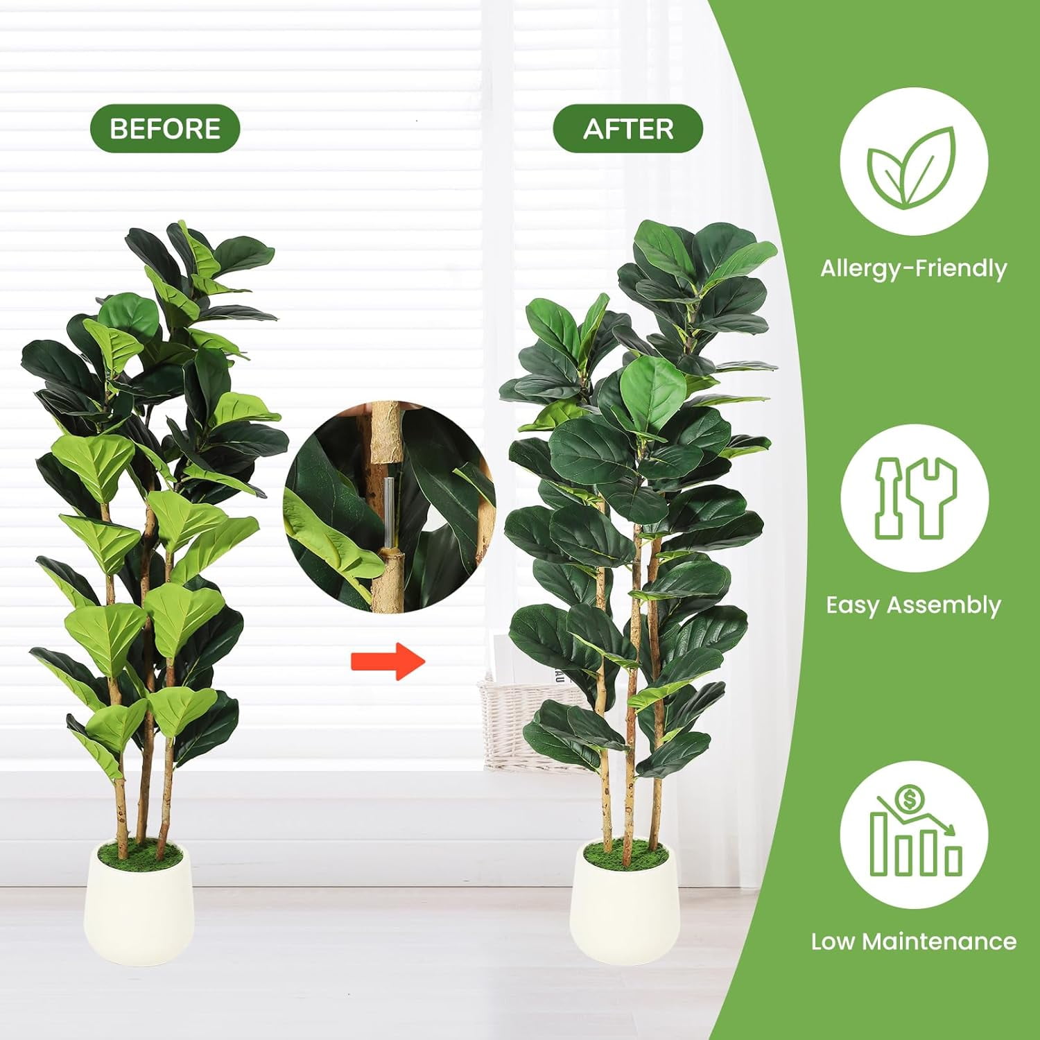 5 ft Faux Fiddle Leaf Fig Tree with White Pot, Faux Trees with Artificial Plants 56 Fiddle Leaves Greenery - Lifelike Fake Tree for Home Office Store Room Decor Indoor Outdoor