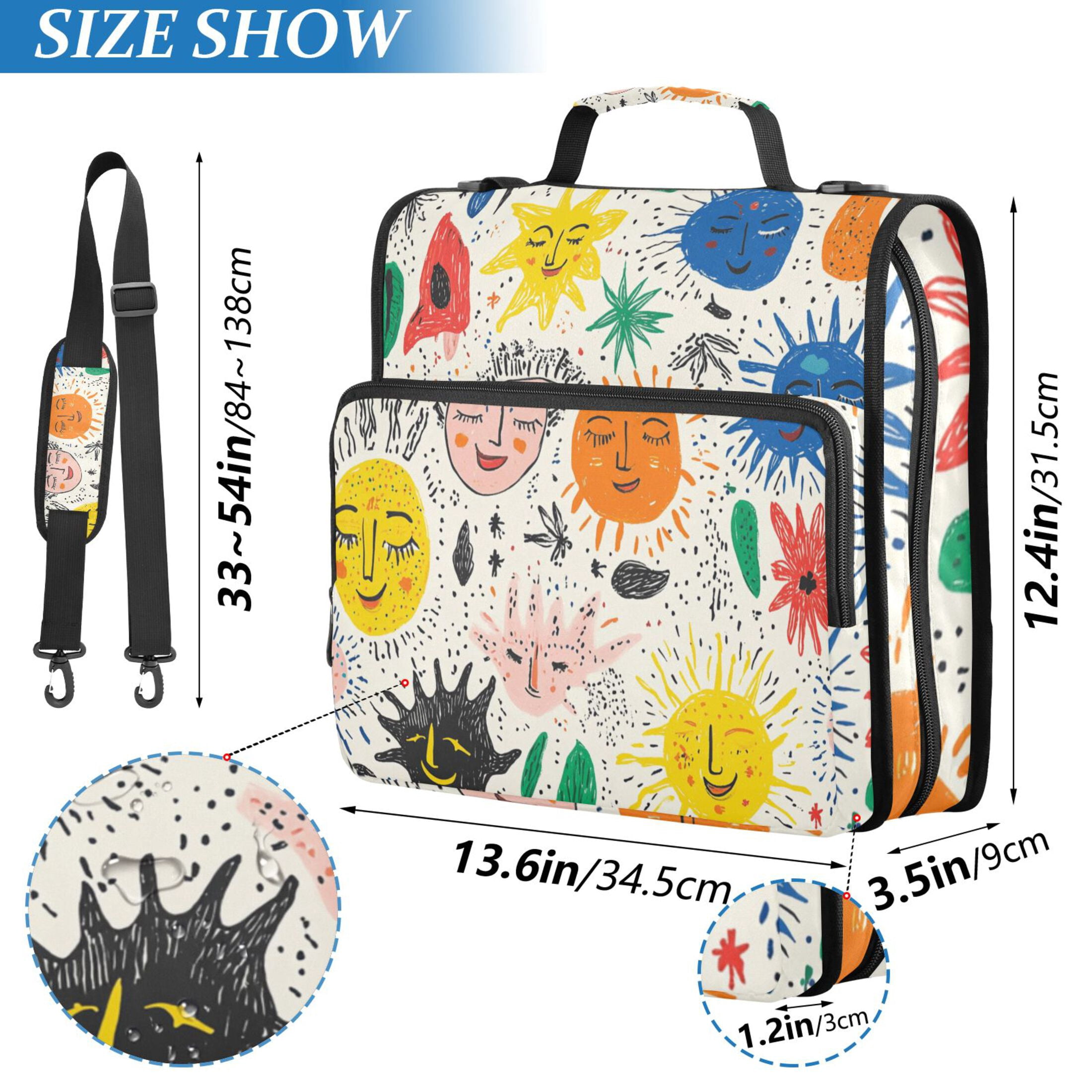 3 Ring Zipper Binder with Shoulder Strap Waterproof Trapper Keeper 2 Inch D-Ring 500 Sheets Capacity Hand Drawn Sun