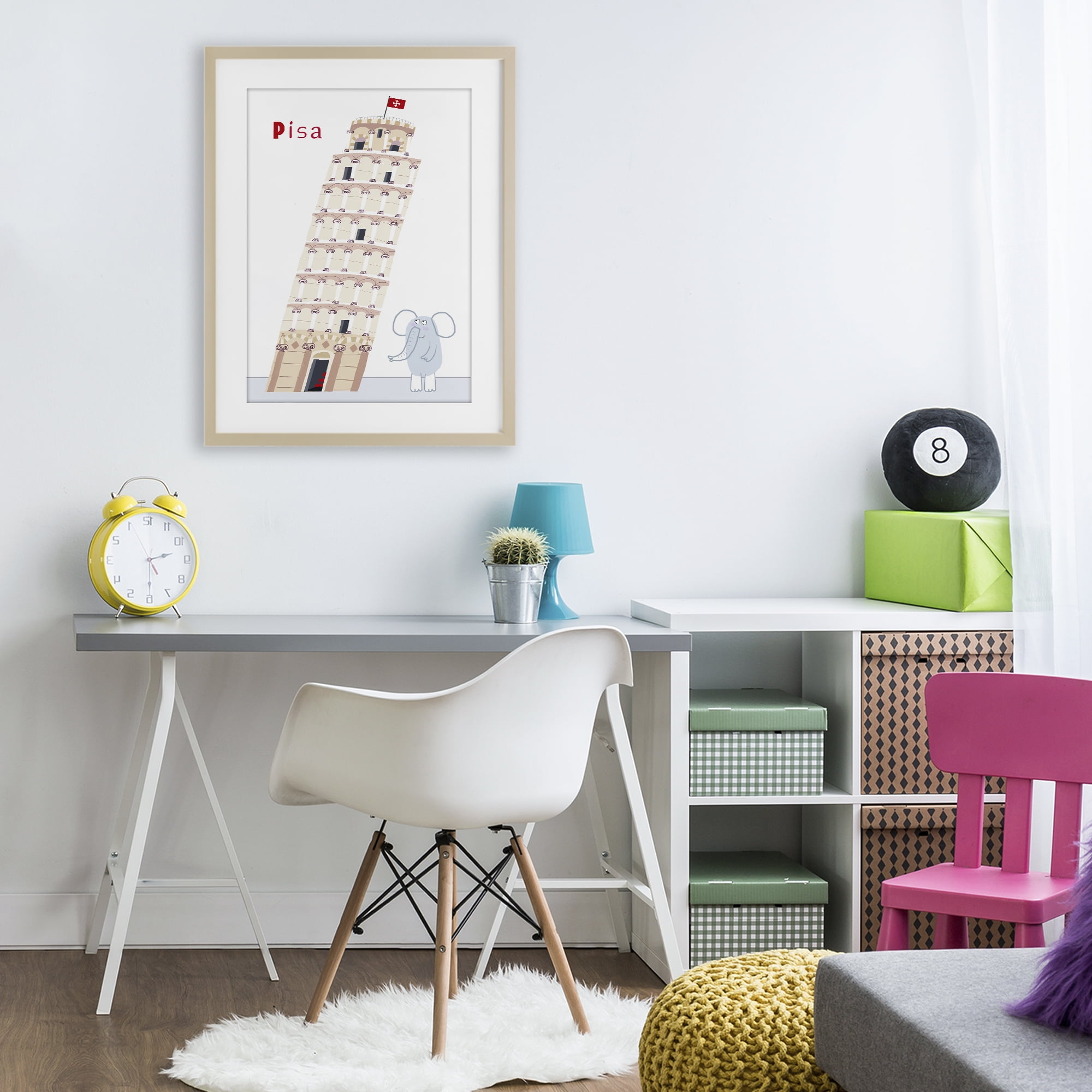 Elephant & Leaning Tower Pisa Birch Framed Print Under Glass, design by Carla Daly