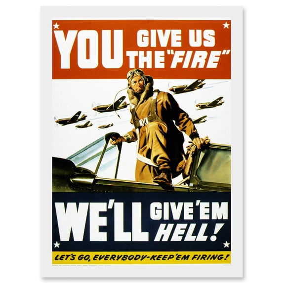 War World WW2 USA Pilot Fighter Advert Jet Plane Give Em Hell A4 Artwork Framed Wall Art Print