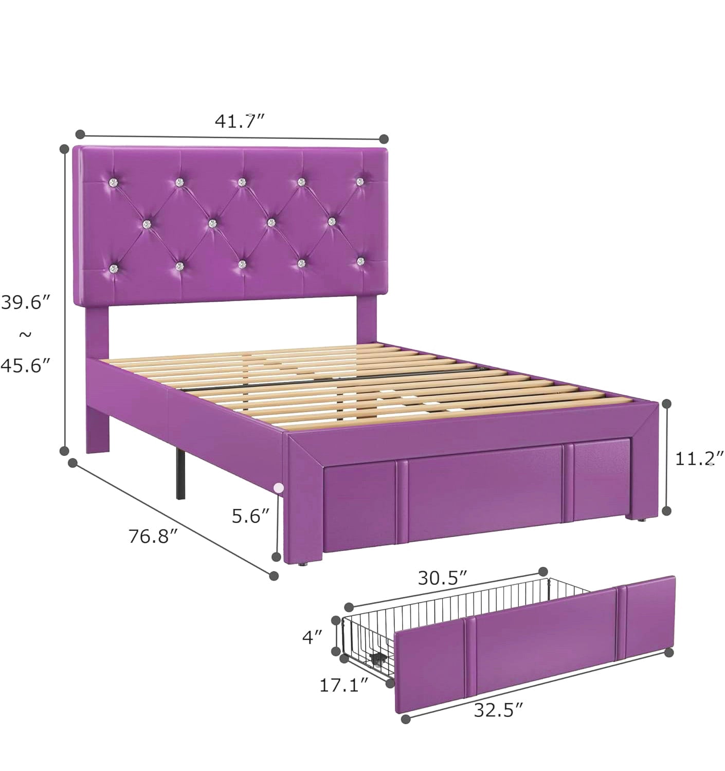 VECELO Upholstered Bed with Storage-1 Drawer, Purple Bed Frame Twin Platform Bed with Faux Leather Tufted Headboard