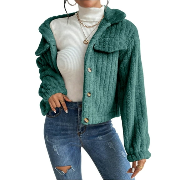 Stichou Womens Fleece Jacket Fuzzy Long Sleeve Cropped Winter Coats Button Down Sherpa Jacket Outerwear with Pockets Dark Green XL