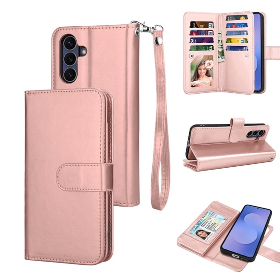 Tekcoo For Samsung Galaxy S26 Wallet Case with Credit Card Holder for Women Men, Flip PU Leather Wallet Phone Case for Galaxy S26, Detachable Magnetic Kickstand Cover with Wrist Strap, Rose Gold